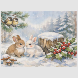 Papier Mousseline Forêt de Noël aquarelle oiseaux et lapins