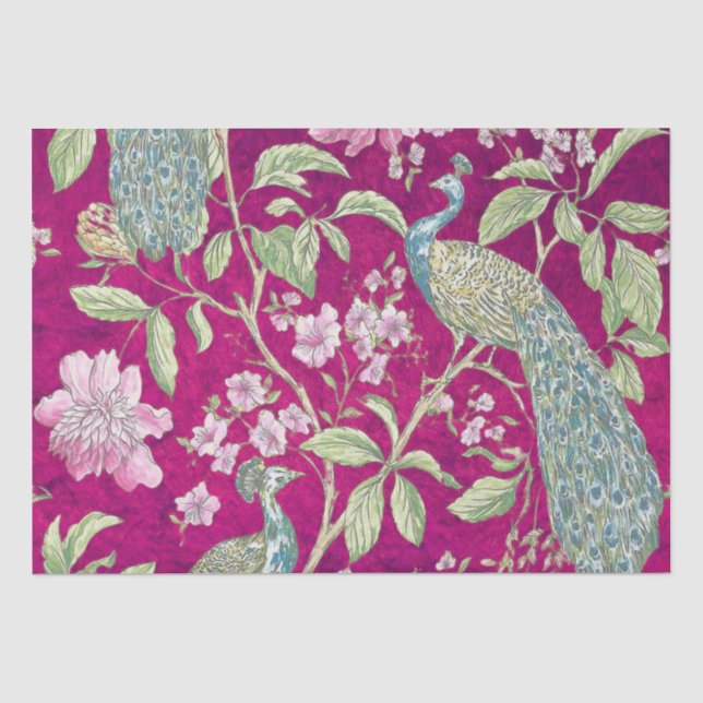 Papier Mousseline Fuchsia Chinoiserie paon découpage floral (Recto)