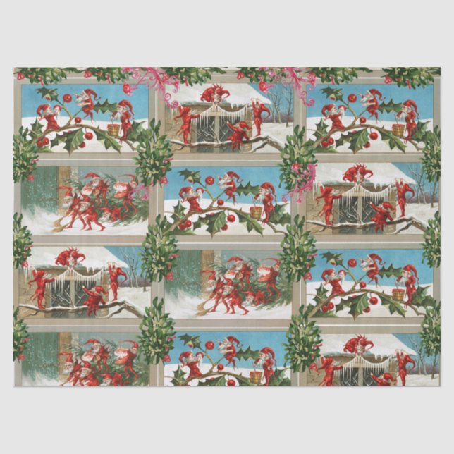 PAPIER MOUSSELINE FUNNY RED CHRISTMAS ELVES, HOLLYBERRIES, MISTLETOE (Recto)