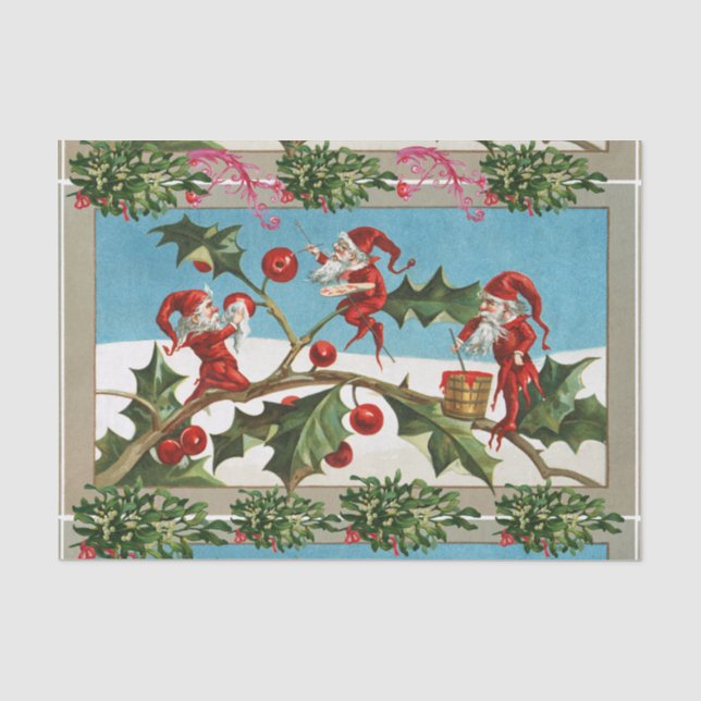 PAPIER MOUSSELINE FUNNY RED CHRISTMAS ELVES, HOLLYBERRIES, MISTLETOE (Recto)