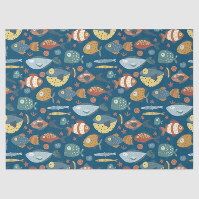 Papier Mousseline Funny Whimsical Océan Poisson Motif bleu (Recto)