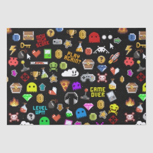 Papier Mousseline Gamer Retro Pixel Vidéo Jeu Icônes Envelopper Pape (Recto)