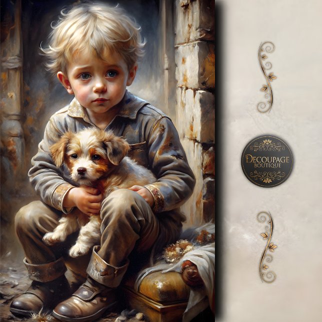 Papier Mousseline Garçon avec chiot rustique déroupage Vintage (Boy with Puppy Rustic Vintage Decoupage Tissue Paper)