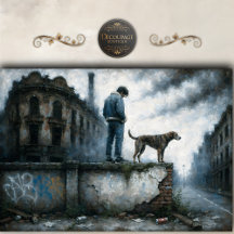 Garçon et Chien Bordure Urbaine Découpage Bleu Ora