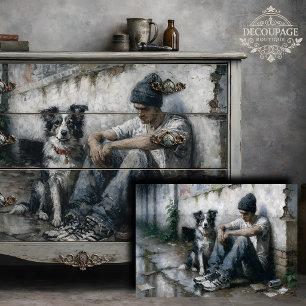 Papier Mousseline Garçon et Chien Tranquillité Urbaine Pluvieuse Déc