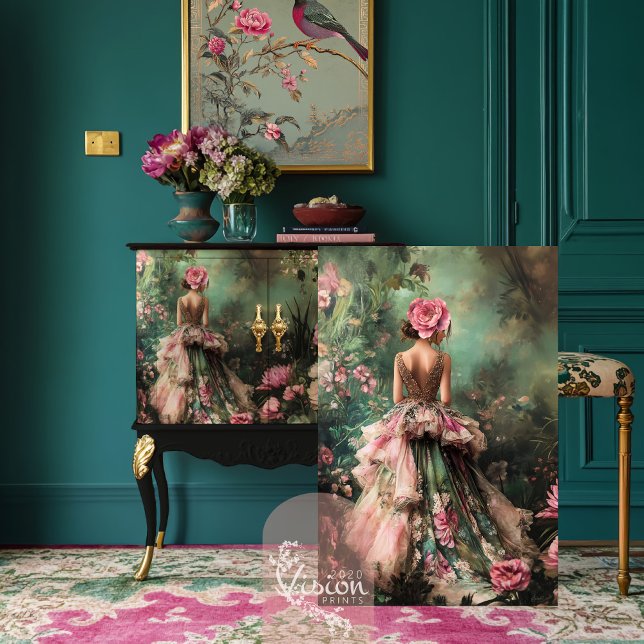 Papier Mousseline Garden Romance Bouffant Élégant Portrait Lady (Garden Romance, Elegant Bouffant Portrait & Ethereal Floral Art Decoupage Tissue Paper.)