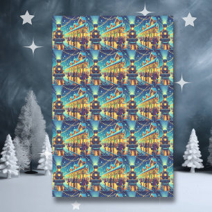Papier Mousseline Gare vintage de Noël le soir de neige la nuit