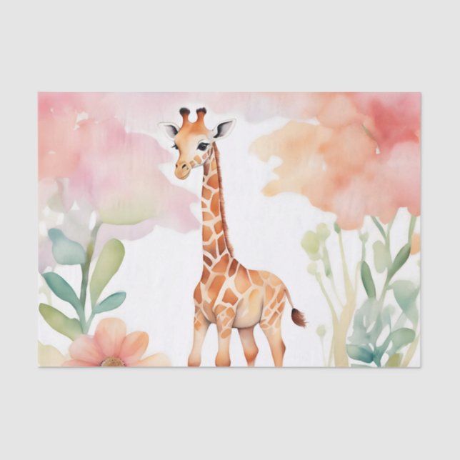 Papier Mousseline Giraffe dans un champ de fleurs aquarelle (Recto)