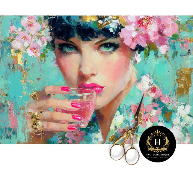 Papier Mousseline Glam florale femme avec boisson rose Découpage (Créateur téléchargé)