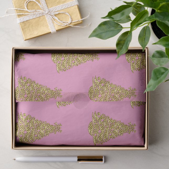 Papier Mousseline Glam Golden Christmas Trees on Pink Christmas (Cadeau)