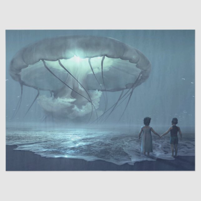 Papier Mousseline Glowing jellyfish cloud over the ocean beach (Recto)