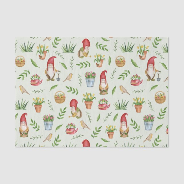 Papier Mousseline Gnomes, fleurs et oiseaux du Jardin (Recto)