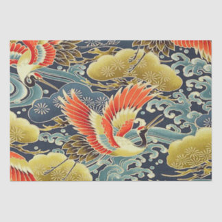 Papier Mousseline Gold Blue Bird Japonais Kimono Floral Decoupage