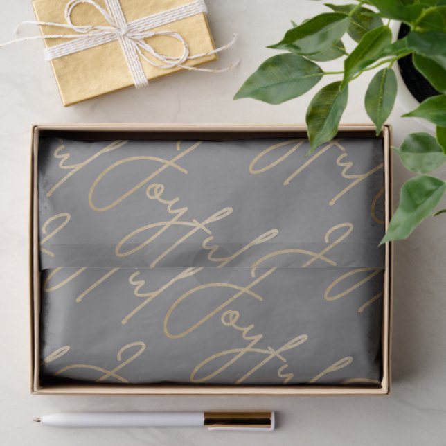 Papier Mousseline Gold JOYFUL Script on Grey (Cadeau)
