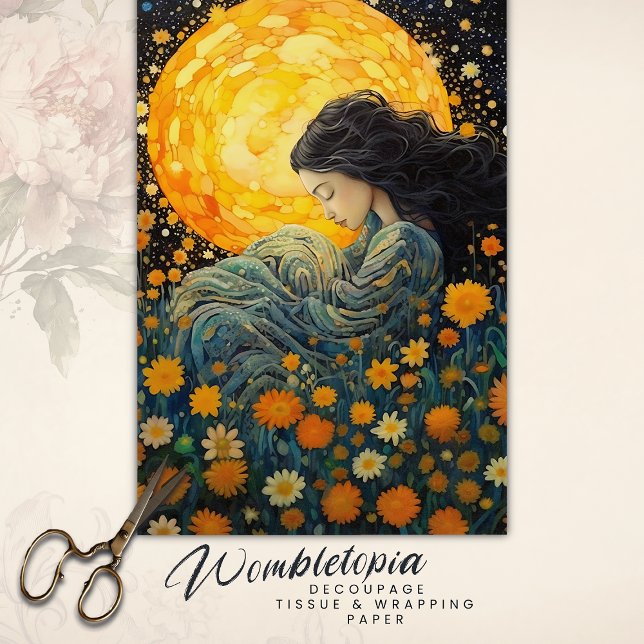 Papier Mousseline Golden Moonlight Girl Art Nouveau Découpage Floral (Créateur téléchargé)