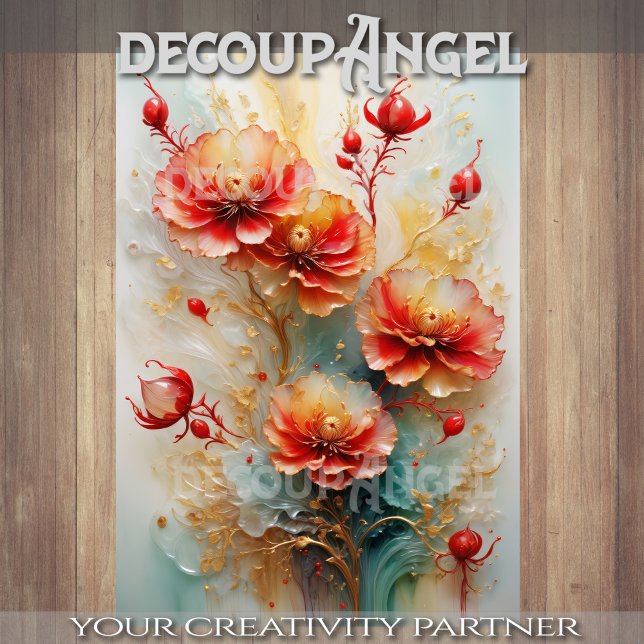 Papier Mousseline Golden Red Floral Elegance - Découpage - (Créateur téléchargé)