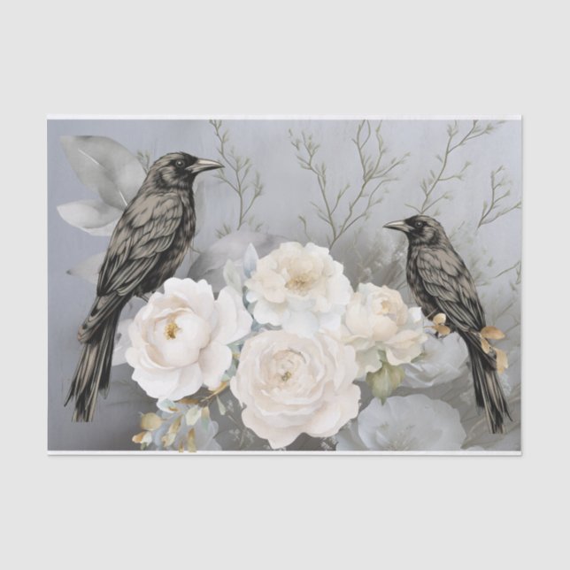 Papier Mousseline Gothic Black Ravens & White Flowers  (Recto)