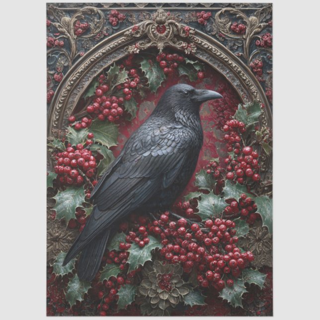 Papier Mousseline Gothic Raven with Holly and Berries (Recto)
