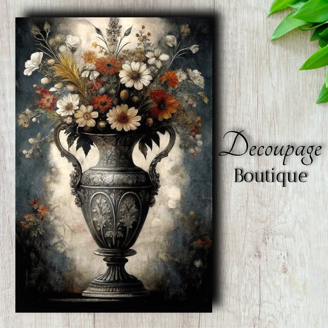 Papier Mousseline Gothique Baroque Floral Vase Argent Découpage (Gothic Baroque Floral Silver Vase Decoupage Tissue Paper)