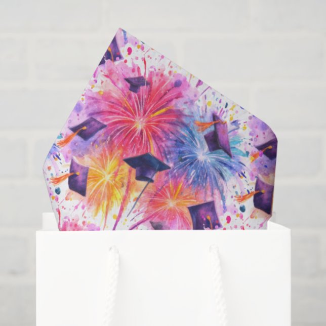 Papier Mousseline Graduation Fireworks Pattern with Tossed Caps (Sac cadeau)