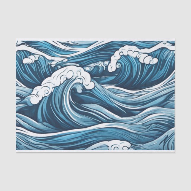 Papier Mousseline Grand Océan Bleu Foamy, Vagues de Mer Abstrait (Recto)