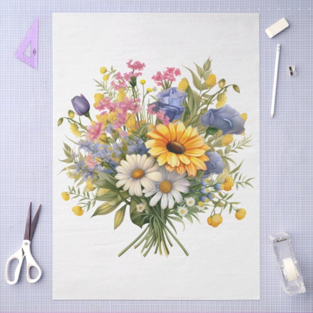 Papier Mousseline Grand tournesol & Bouquet de fleurs mixtes (Artisanat)