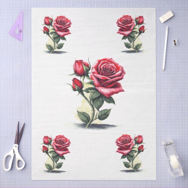 Papier Mousseline Grande aquarelle élégante Roses rouges Découpage (Artisanat)
