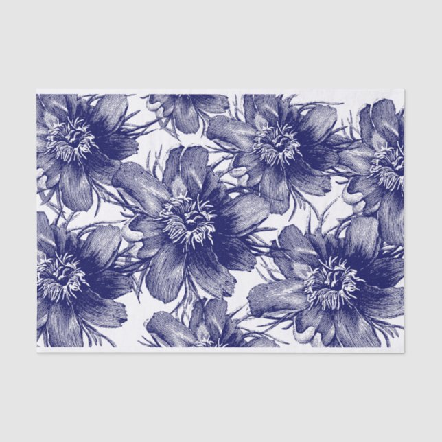 Papier Mousseline grande échelle ligne de fleurs bleues art découpag (Recto)