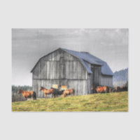 Grande grange grise et chevaux majestueux