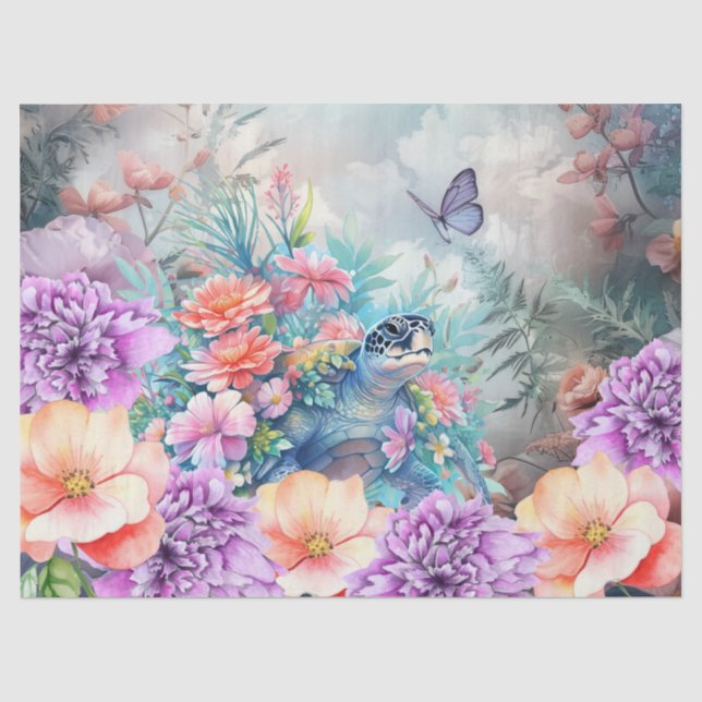 Papier Mousseline Grande tortue tropicale et florale d'aquarelle (Recto)