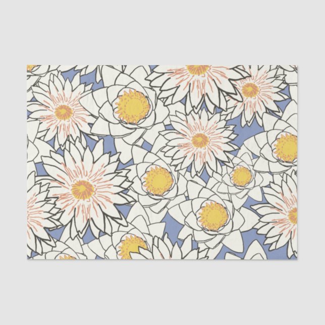 Papier Mousseline Grandes fleurs bleu et or Dusty (Recto)
