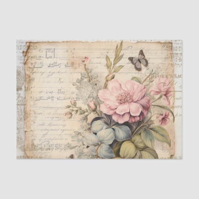 Papier Mousseline Grandes fleurs roses et boutons Script papillon (Recto)