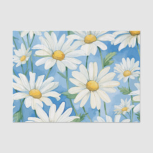 Papier Mousseline Grandes marguerites blanches sur fond bleu ciel