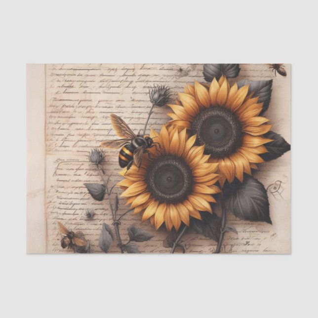 Papier Mousseline Grandes tournesols avec abeilles sur script (Recto)