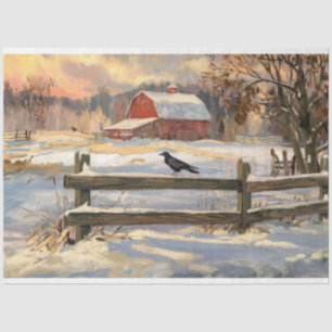 Papier Mousseline Grange rouge rustique avec Crow Farmhouse Decoupag