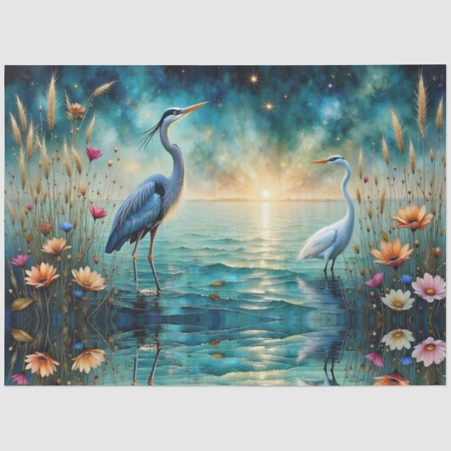 Papier Mousseline Great blue Heron & Egret flowers in water (Recto)