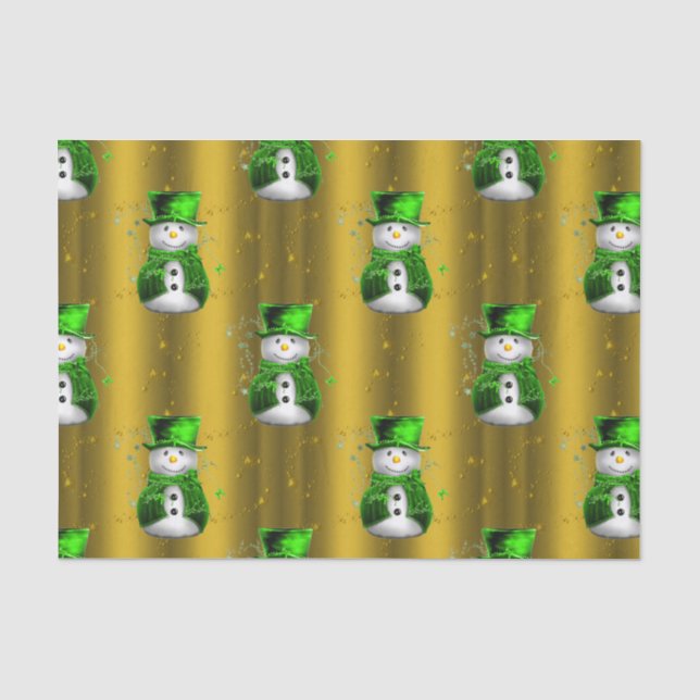 Papier Mousseline Green Snowman sur Gold Christmas (Recto)