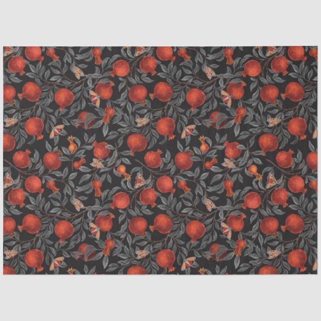 Papier Mousseline Grenades et papillons Bella en rouge et gris (Recto)
