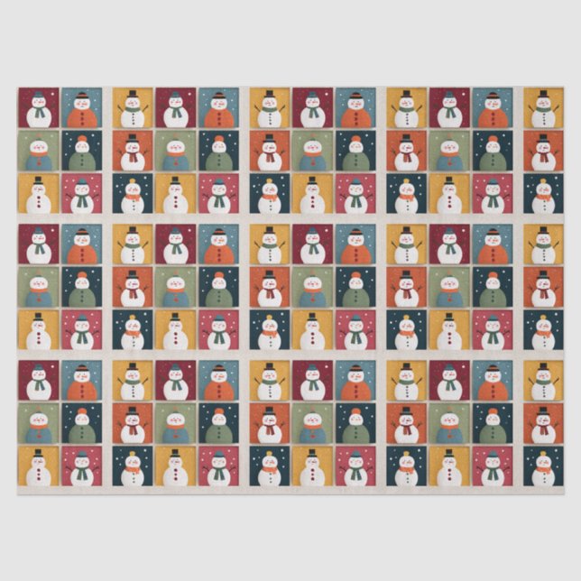 Papier Mousseline Grid of Cheerful Snowmen in Winter Wear (Recto)