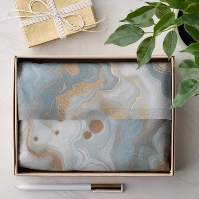 Papier Mousseline Gris Turquoise Bleu  Or Marbre Art Motif (Cadeau)
