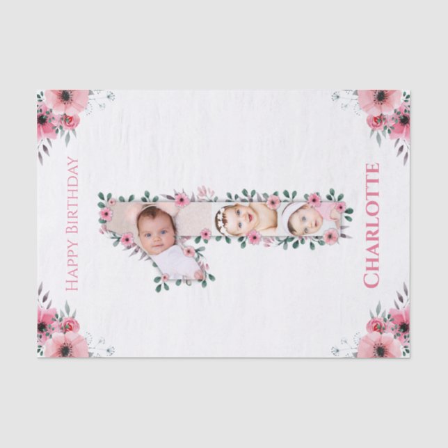 Papier Mousseline Gros 1er anniversaire fille photo Collage Fleur ro (Recto)