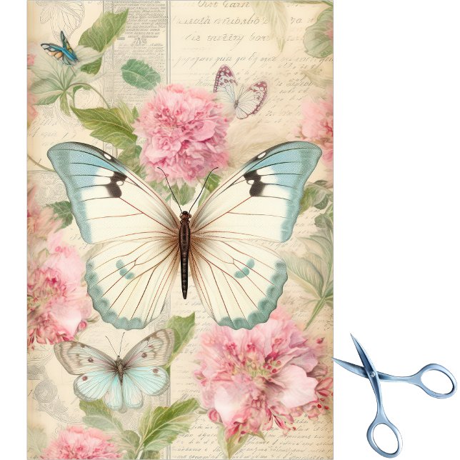 Papier Mousseline Gros Papillons Turquoises À Crème Énorme Fleurs Ro (Créateur téléchargé)