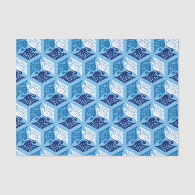 Papier Mousseline Grues japonaises, marine, blanche et bleu clair (Recto)