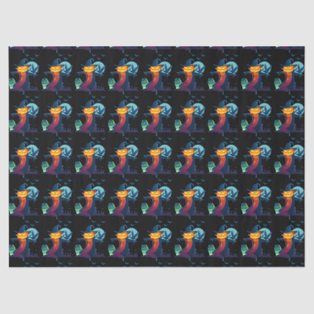 Papier Mousseline Halloween Épouvantail Hanté Avec Bats Crow Et Chou (Recto)