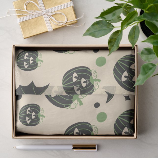 Papier Mousseline Halloween moderne 3 Citrouilles et chauves-souris  (Cadeau)