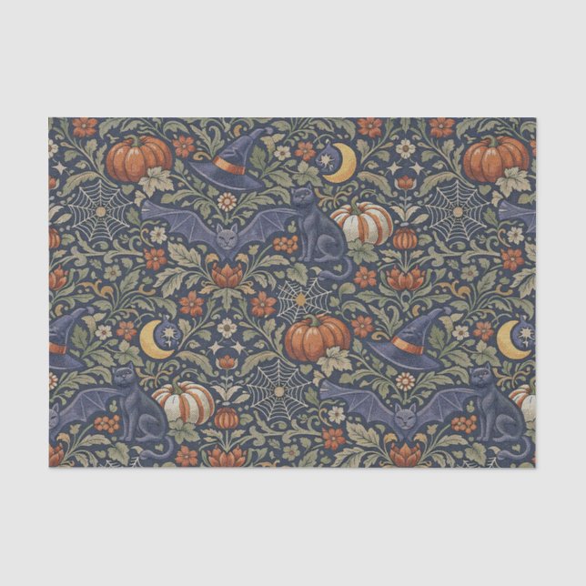 Papier Mousseline Halloween Orange Black Cats Bats  (Recto)