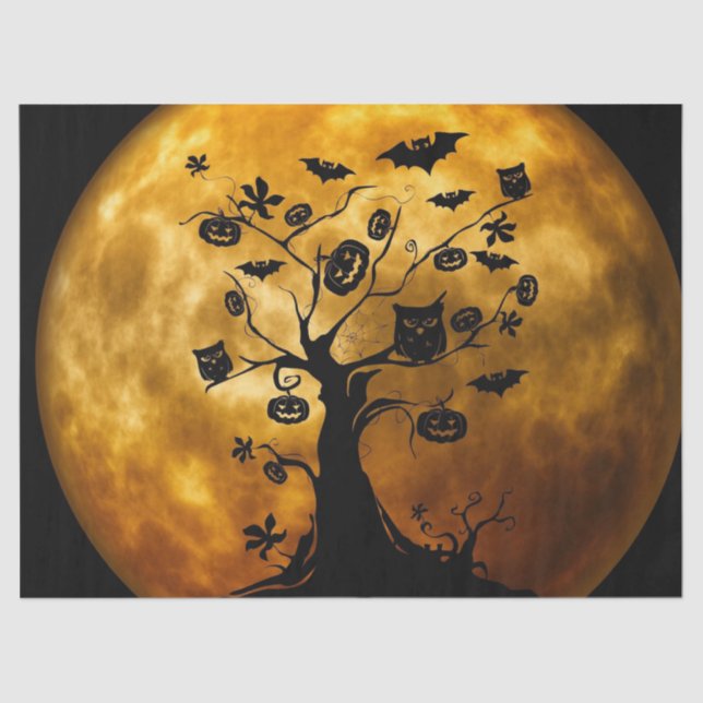 Papier Mousseline Halloween Orange Lune Chouette Citrouille Arbre d' (Recto)
