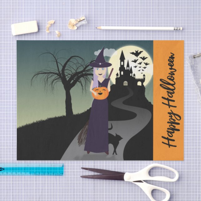 Papier Mousseline Halloween Witch Citrouille Chat noir Votre texte (Artisanat)
