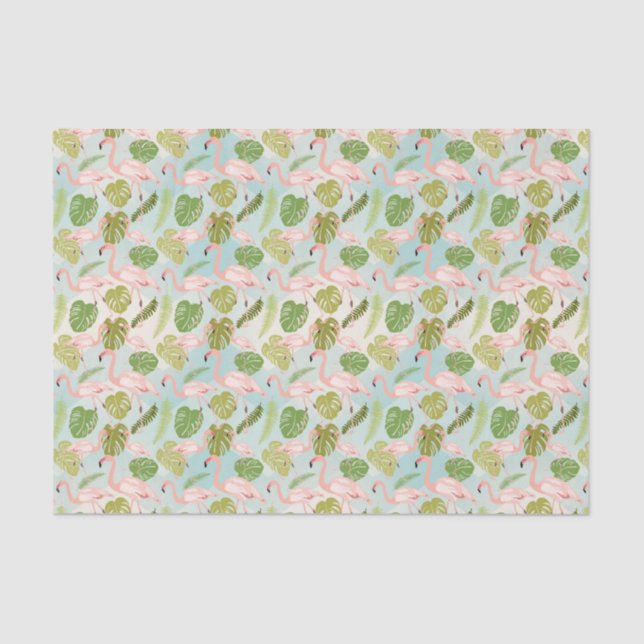Papier Mousseline Hand drawn pink flamant and monstera leaves. Seam (Recto)