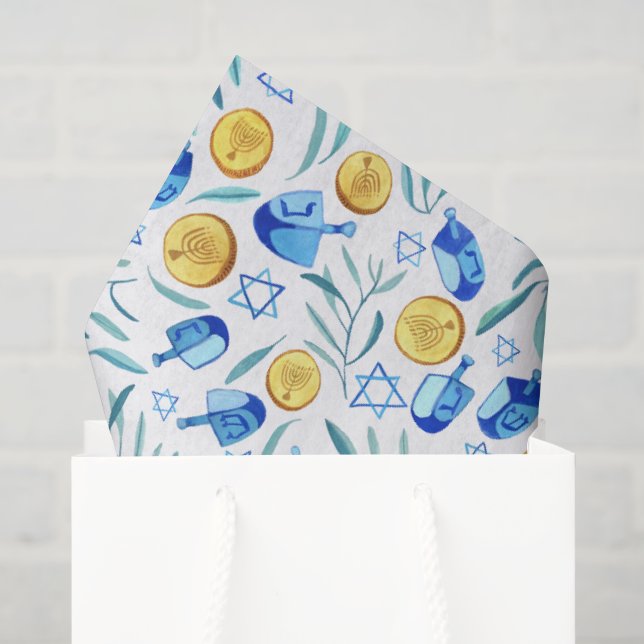 Papier Mousseline Hanoukka Dreidel Juif Motif aquarelle (Sac cadeau)